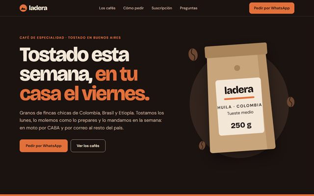 Sample site for a specialty coffee roaster: a dark page with a headline about this week’s roast and an illustrated coffee bag.