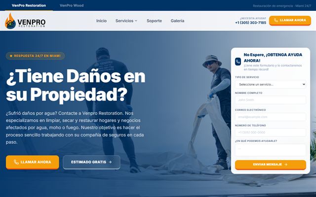 The VenPro Restoration site on a computer: a headline about property damage, buttons to call and to request an estimate, and the contact form.