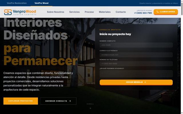 The VenPro Wood site on a computer: a headline over a photo of a house, and the consultation form.